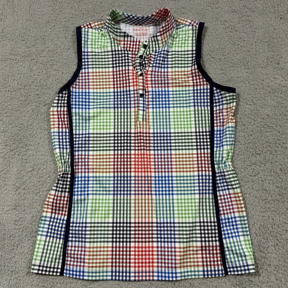 Kinona Women's Make It Snappy Sleeveless Golf Top Vacation Plaid Large UPF 50+